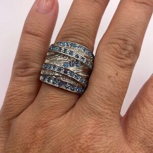 Vintage Silver Tone Large Blue Rhinestone Cocktail Statement Ring Size 6.5